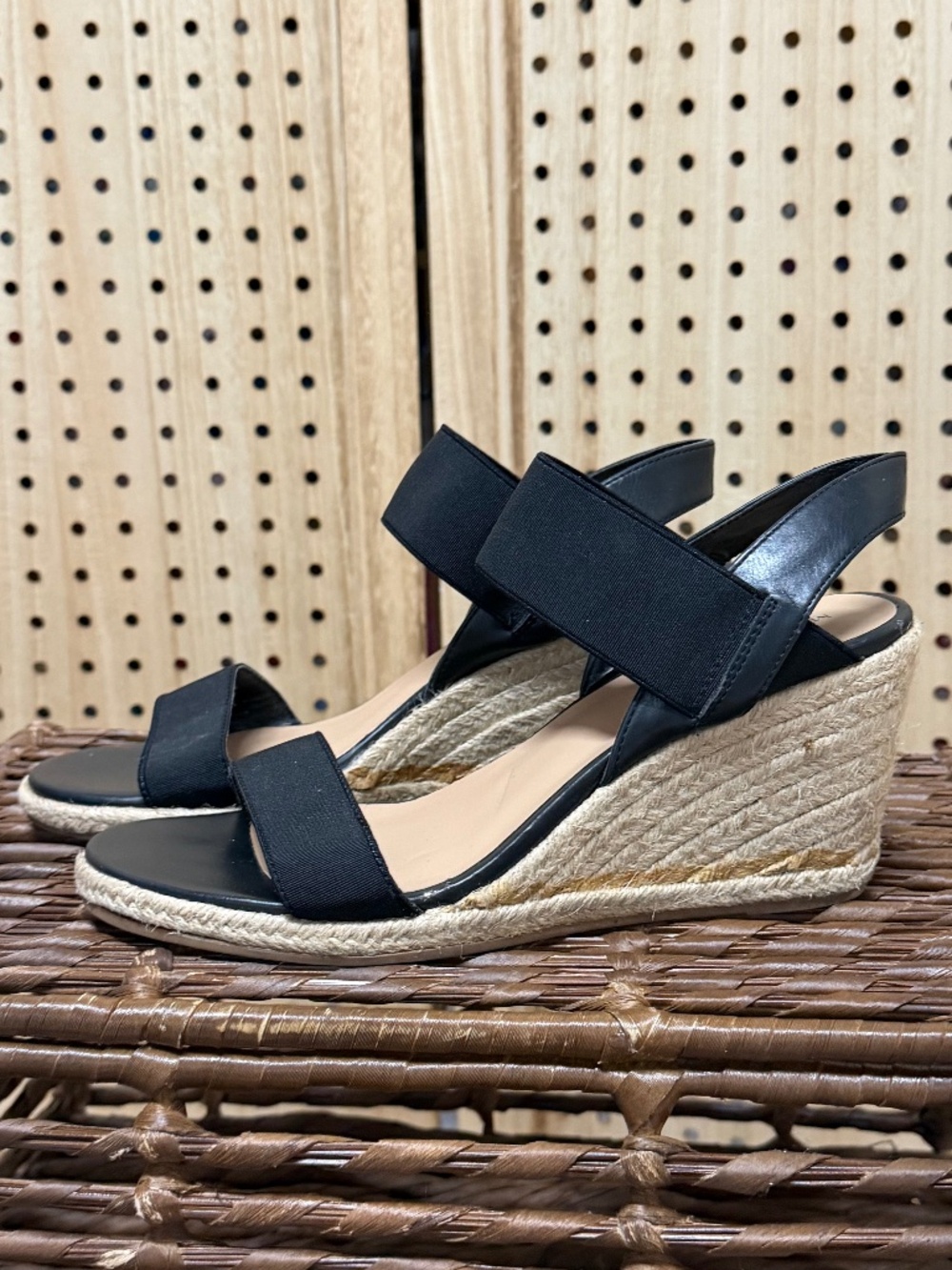 Black Espadrille Wedge Sandals Elastic Strap Summer Vacation Shoes Size 9.5
